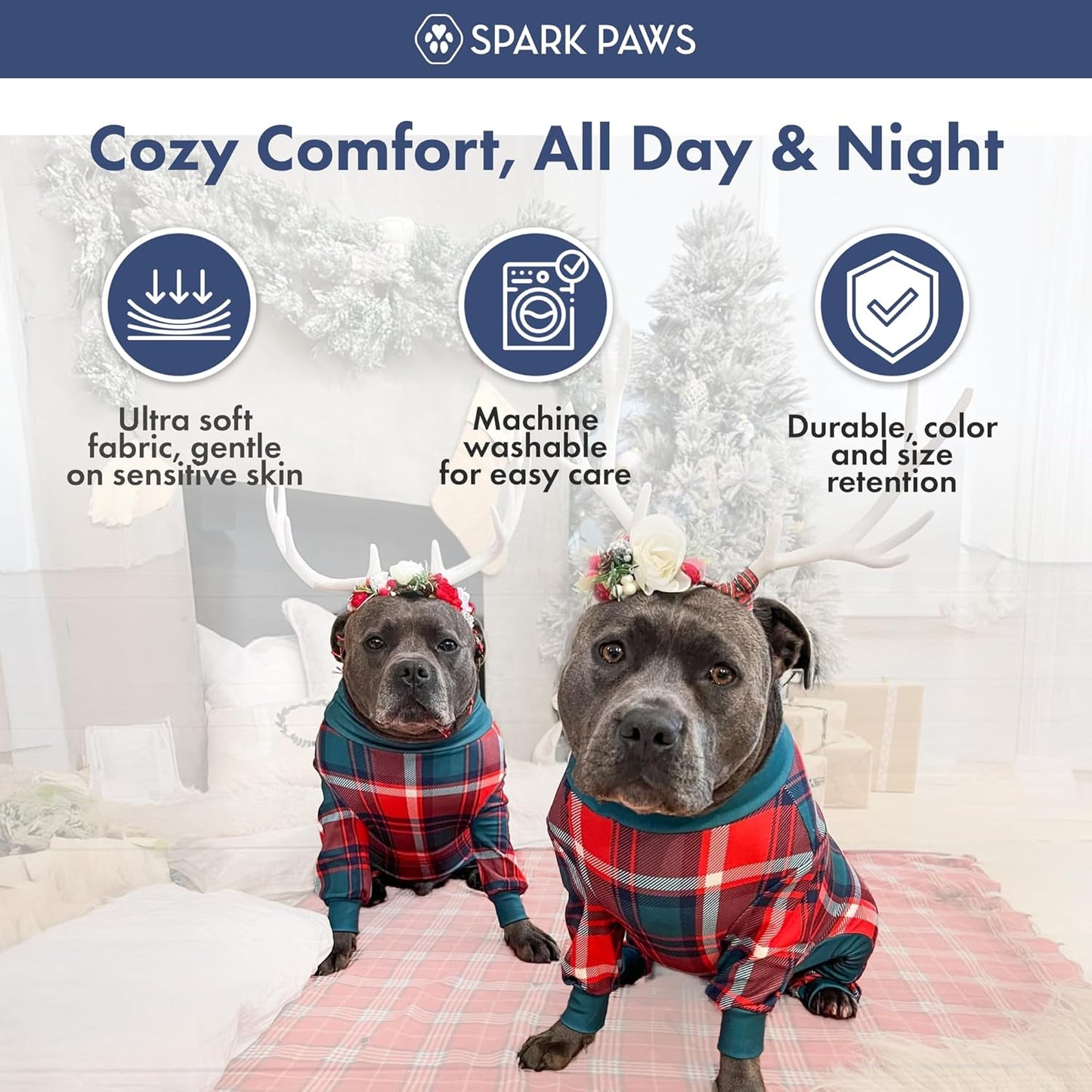 Dog Christmas Pajama, Dog Recovery Suit Male, Onesie, Ultra-Soft and 4-Way Stretch, for Small Medium and Large Breeds - Green and Red Plaid - M