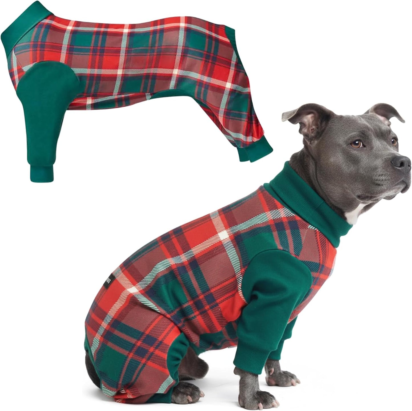 Dog Christmas Pajama, Dog Recovery Suit Male, Onesie, Ultra-Soft and 4-Way Stretch, for Small Medium and Large Breeds - Green and Red Plaid - M