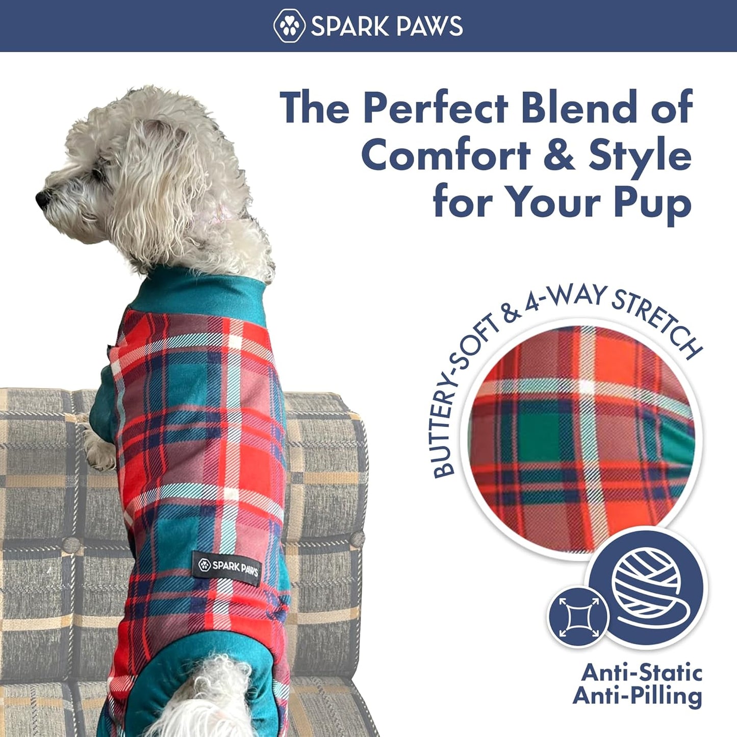 Dog Christmas Pajama, Dog Recovery Suit Male, Onesie, Ultra-Soft and 4-Way Stretch, for Small Medium and Large Breeds - Green and Red Plaid - M