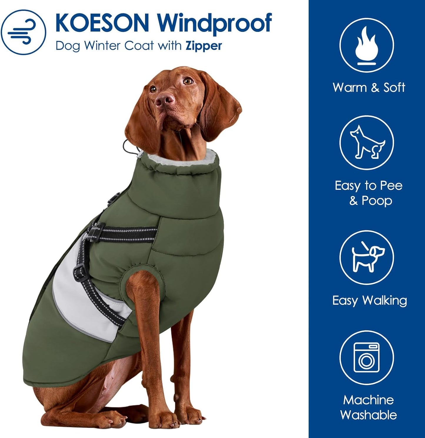 KOESON Dog Winter Coat – Waterproof Fleece Jacket with Built‑In Harness, Reflective & Wind‑Proof Snowsuit – Army Green – Size L – For Schnauzer, Yorkshire, Dachshund
