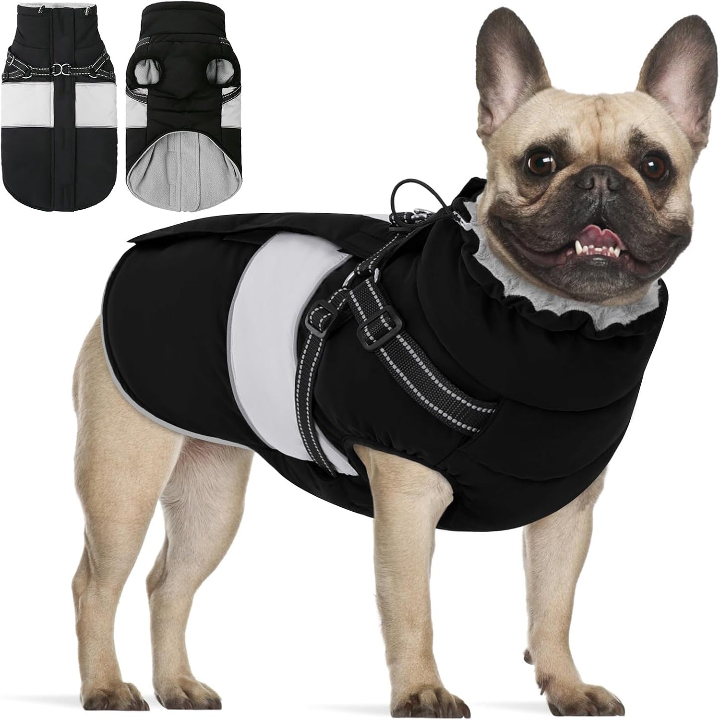 KOESON Dog Winter Coat – Waterproof Fleece Jacket with Built‑In Harness, Reflective & Wind‑Proof Snowsuit – Army Green – Size L – For Schnauzer, Yorkshire, Dachshund
