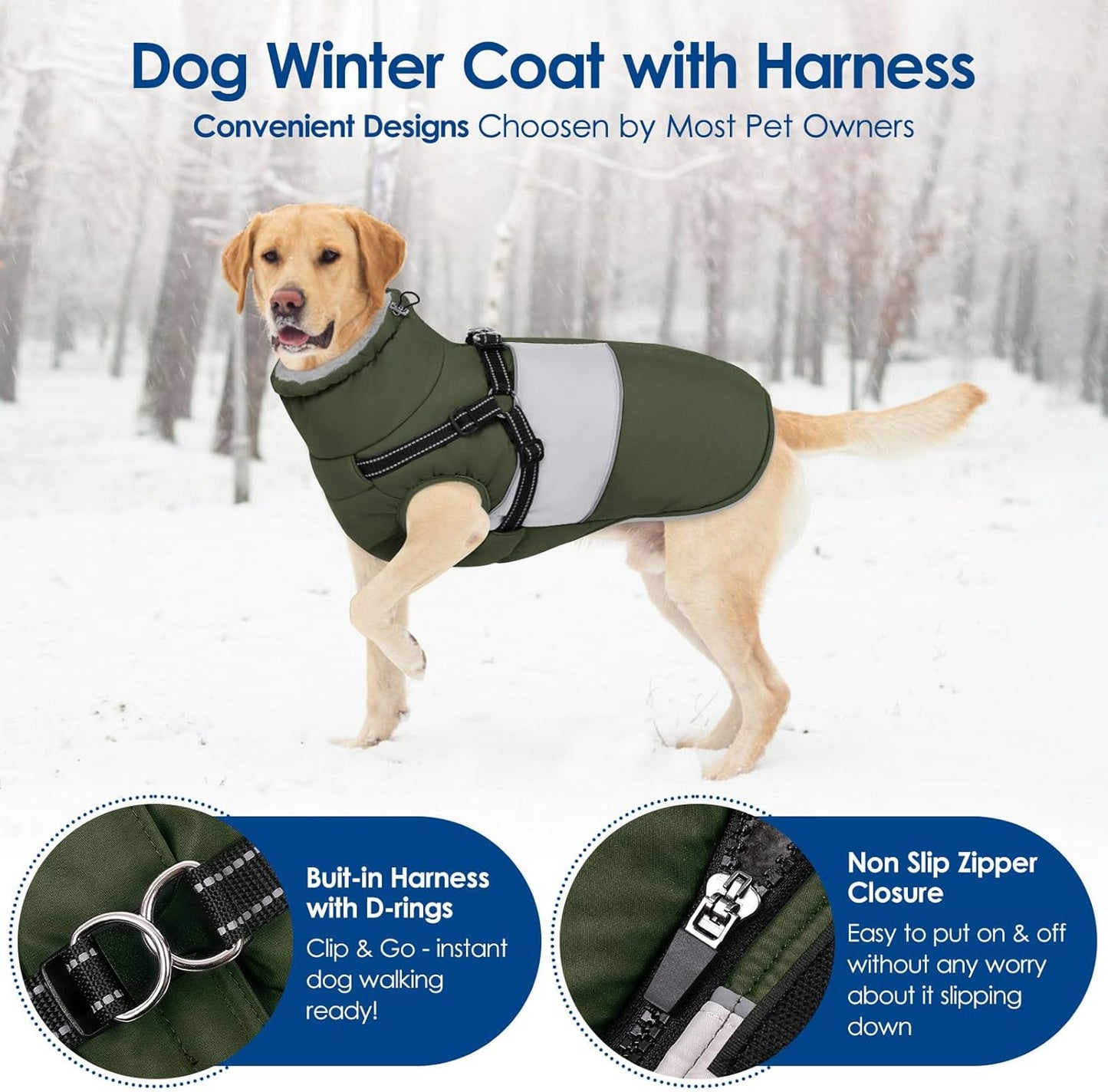KOESON Dog Winter Coat – Waterproof Fleece Jacket with Built‑In Harness, Reflective & Wind‑Proof Snowsuit – Army Green – Size L – For Schnauzer, Yorkshire, Dachshund