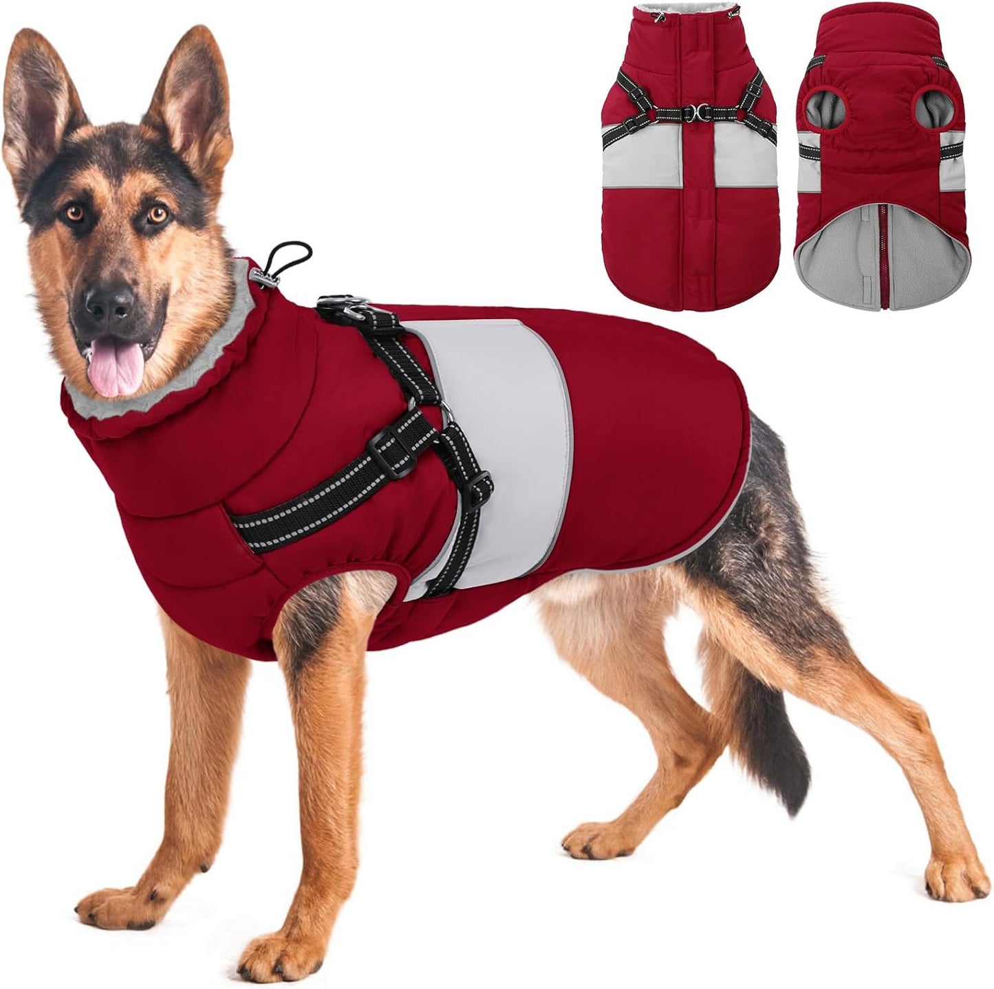 KOESON Dog Winter Coat – Waterproof Fleece Jacket with Built‑In Harness, Reflective & Wind‑Proof Snowsuit – Army Green – Size L – For Schnauzer, Yorkshire, Dachshund