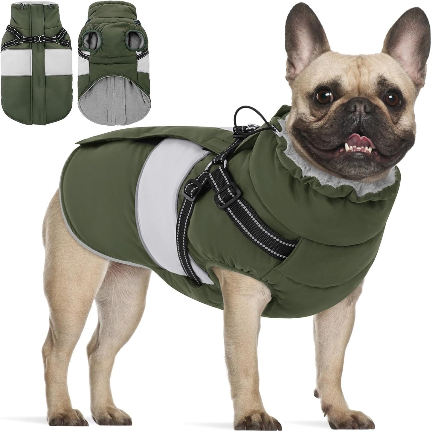 KOESON Dog Winter Coat – Waterproof Fleece Jacket with Built‑In Harness, Reflective & Wind‑Proof Snowsuit – Army Green – Size L – For Schnauzer, Yorkshire, Dachshund