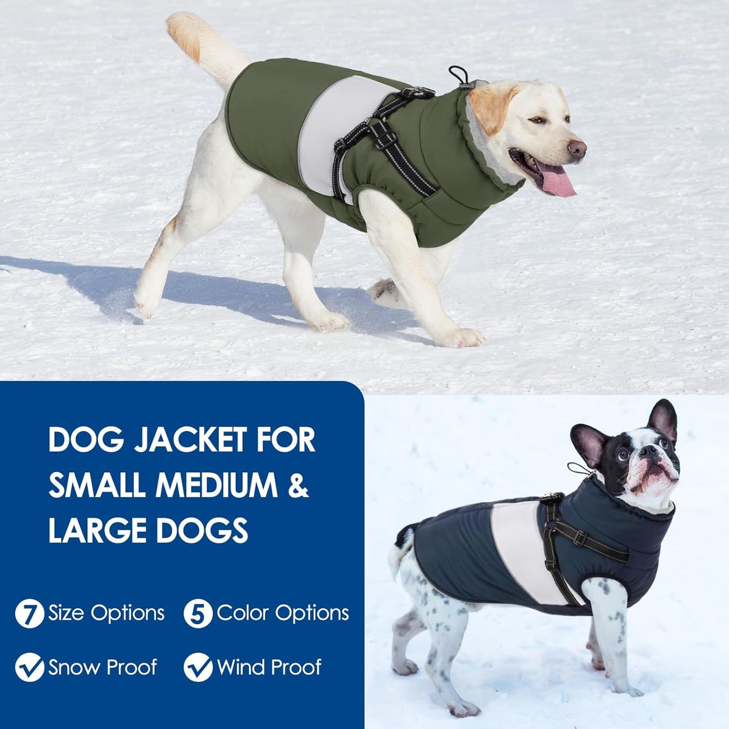 KOESON Dog Winter Coat – Waterproof Fleece Jacket with Built‑In Harness, Reflective & Wind‑Proof Snowsuit – Army Green – Size L – For Schnauzer, Yorkshire, Dachshund
