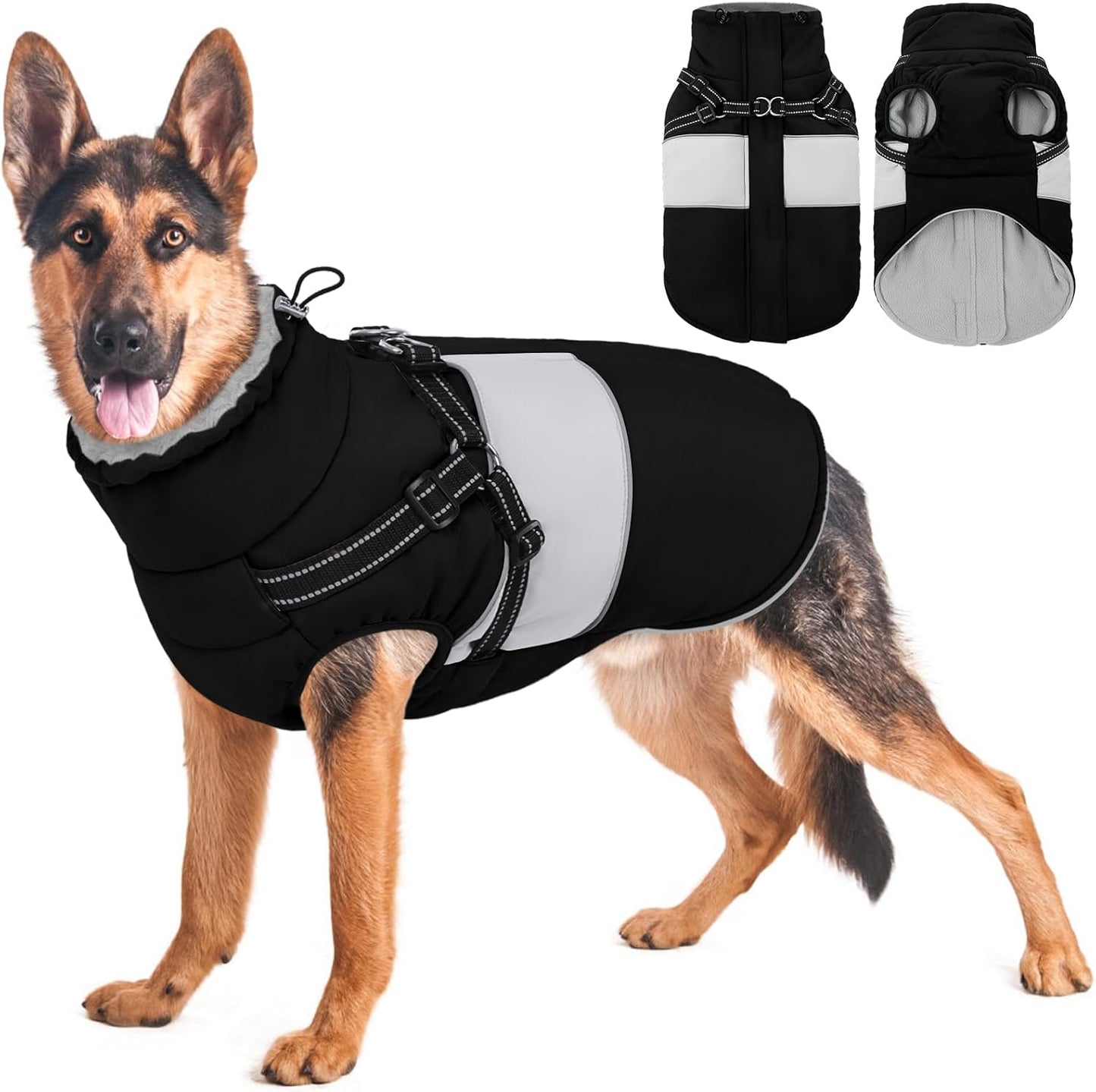 KOESON Dog Winter Coat – Waterproof Fleece Jacket with Built‑In Harness, Reflective & Wind‑Proof Snowsuit – Army Green – Size L – For Schnauzer, Yorkshire, Dachshund