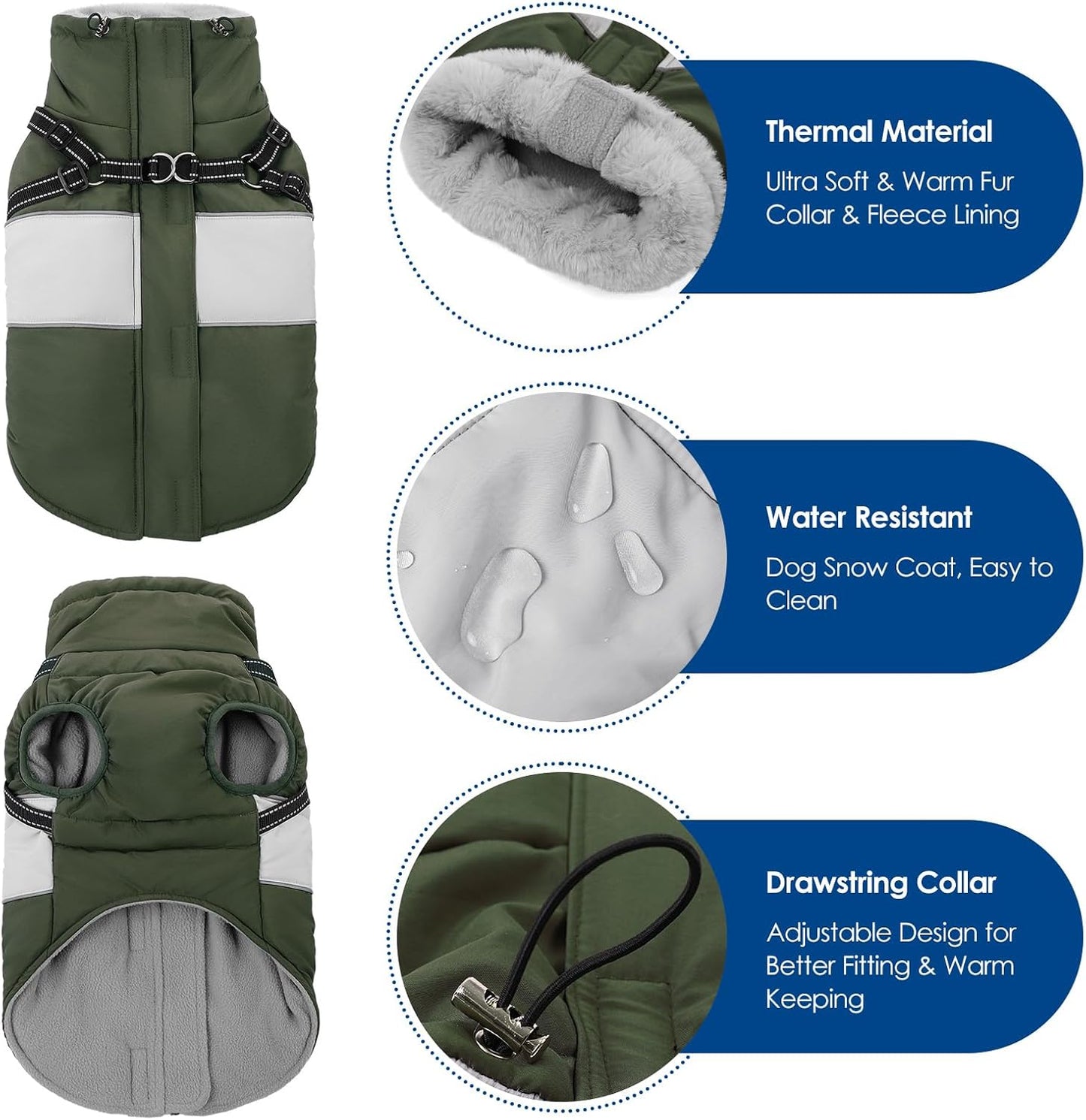 KOESON Dog Winter Coat – Waterproof Fleece Jacket with Built‑In Harness, Reflective & Wind‑Proof Snowsuit – Army Green – Size L – For Schnauzer, Yorkshire, Dachshund