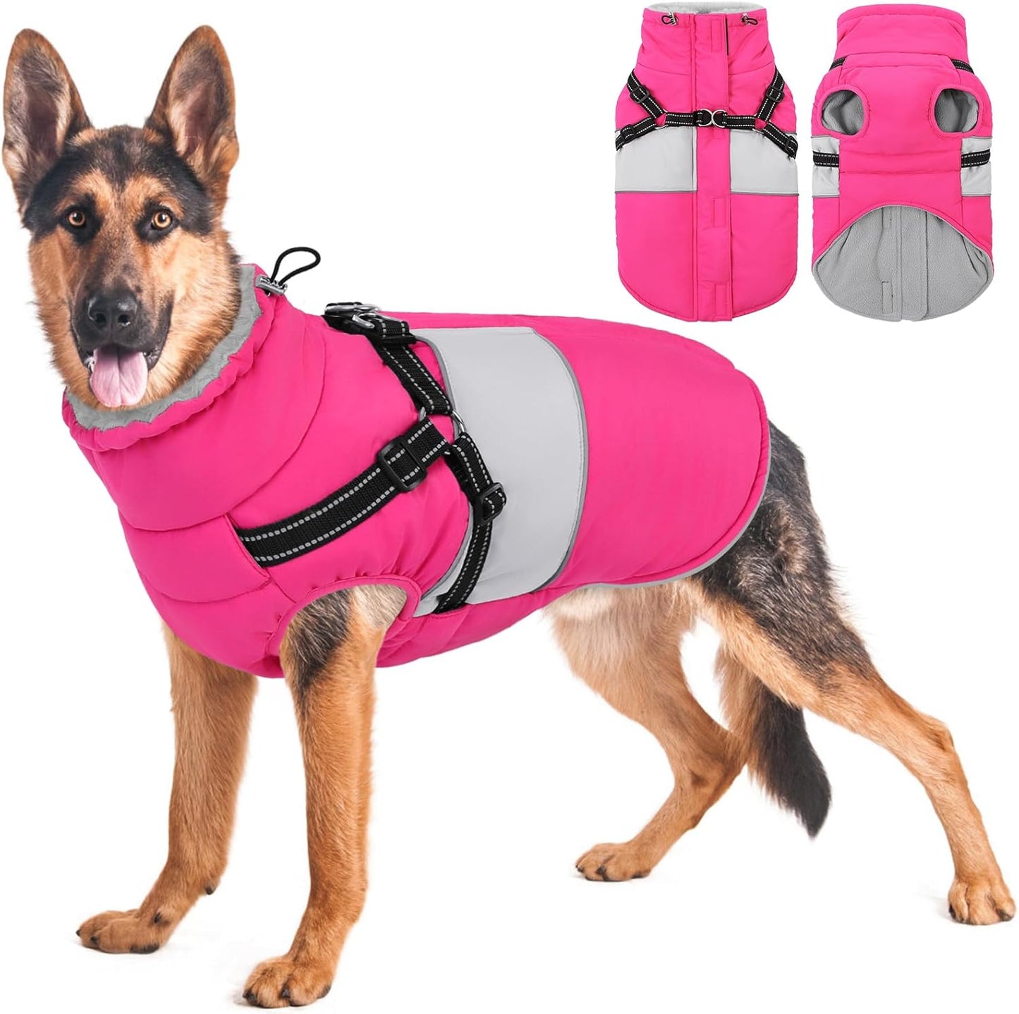 KOESON Dog Winter Coat – Waterproof Fleece Jacket with Built‑In Harness, Reflective & Wind‑Proof Snowsuit – Army Green – Size L – For Schnauzer, Yorkshire, Dachshund