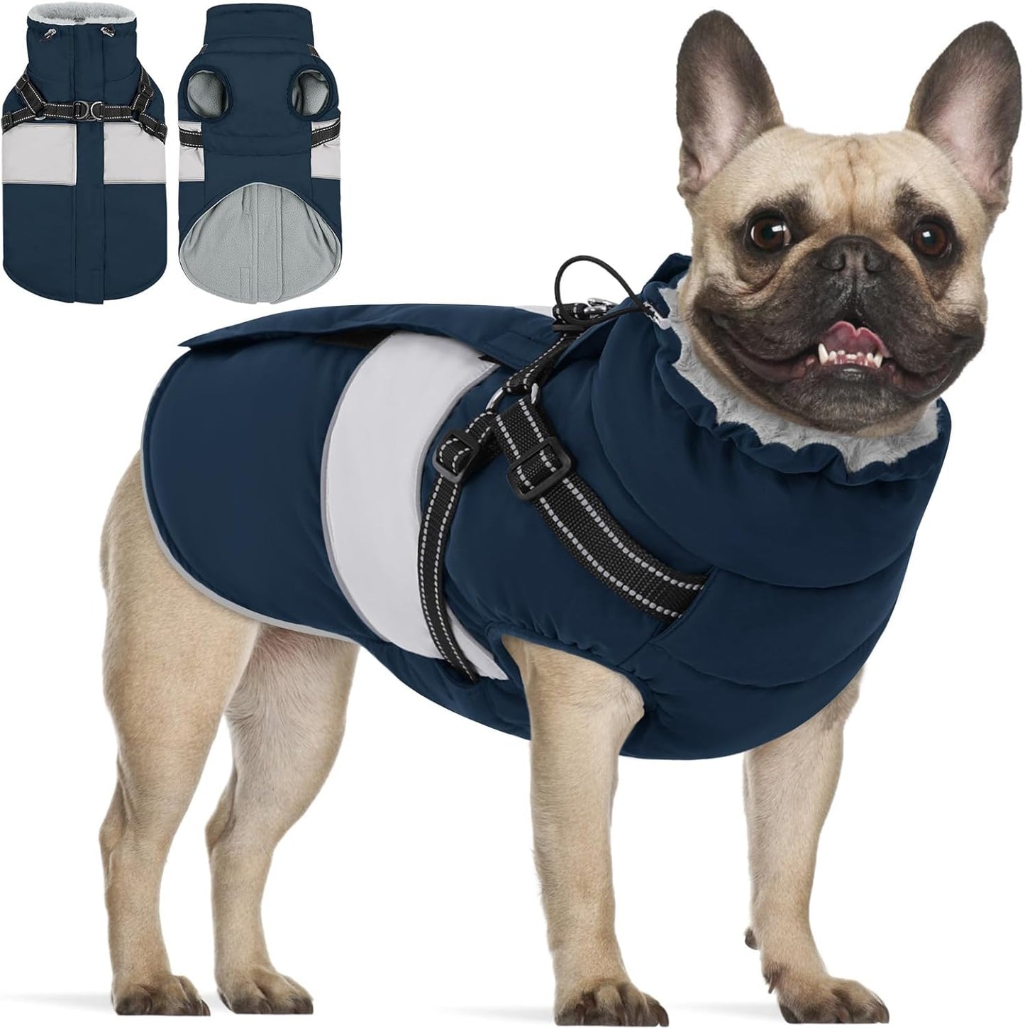 KOESON Dog Winter Coat – Waterproof Fleece Jacket with Built‑In Harness, Reflective & Wind‑Proof Snowsuit – Army Green – Size L – For Schnauzer, Yorkshire, Dachshund