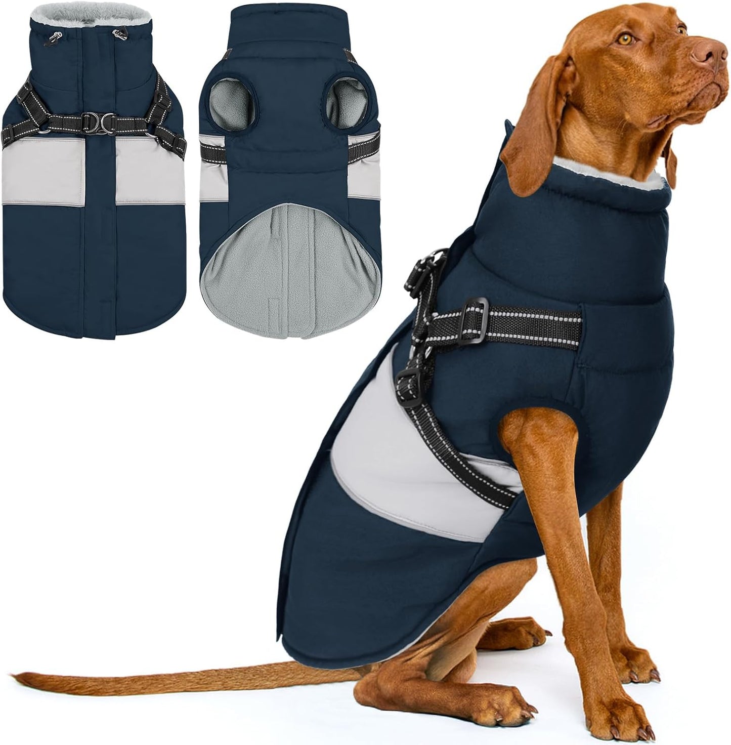KOESON Dog Winter Coat – Waterproof Fleece Jacket with Built‑In Harness, Reflective & Wind‑Proof Snowsuit – Army Green – Size L – For Schnauzer, Yorkshire, Dachshund