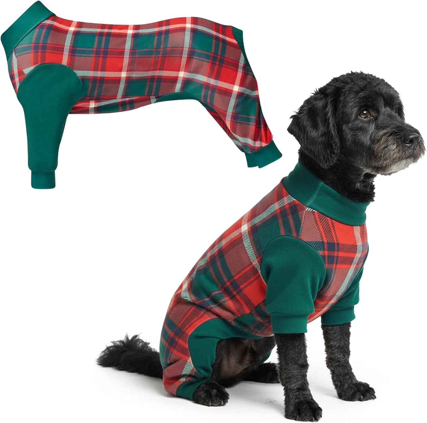 Dog Christmas Pajama, Dog Recovery Suit Male, Onesie, Ultra-Soft and 4-Way Stretch, for Small Medium and Large Breeds - Green and Red Plaid - M