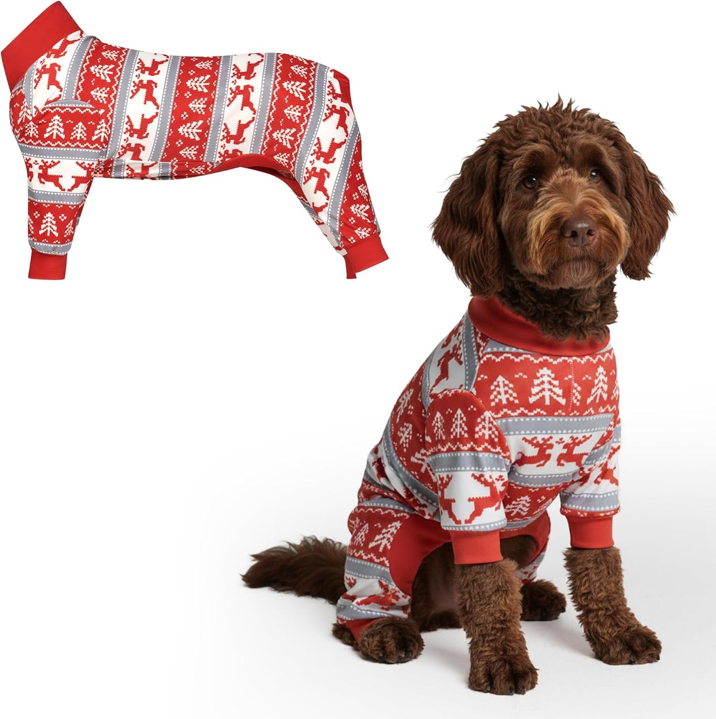 Dog Christmas Pajama, Dog Recovery Suit Male, Onesie, Ultra-Soft and 4-Way Stretch, for Small Medium and Large Breeds - Green and Red Plaid - M