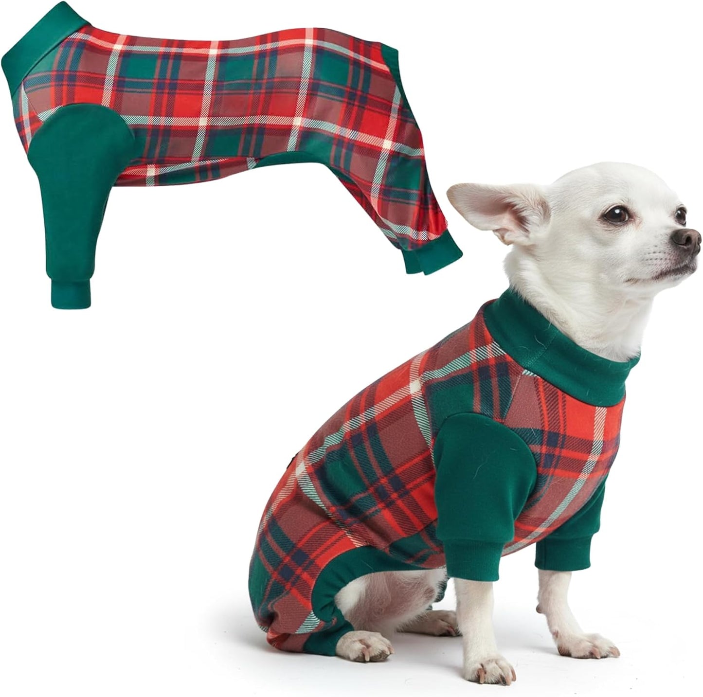 Dog Christmas Pajama, Dog Recovery Suit Male, Onesie, Ultra-Soft and 4-Way Stretch, for Small Medium and Large Breeds - Green and Red Plaid - M