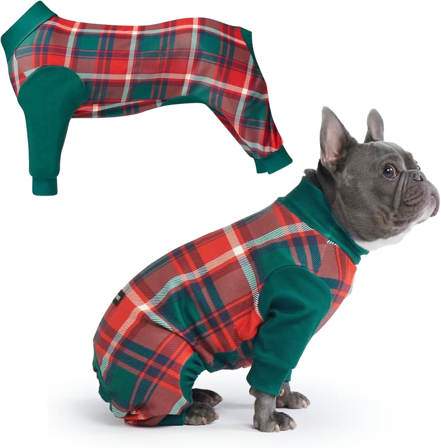 Dog Christmas Pajama, Dog Recovery Suit Male, Onesie, Ultra-Soft and 4-Way Stretch, for Small Medium and Large Breeds - Green and Red Plaid - M