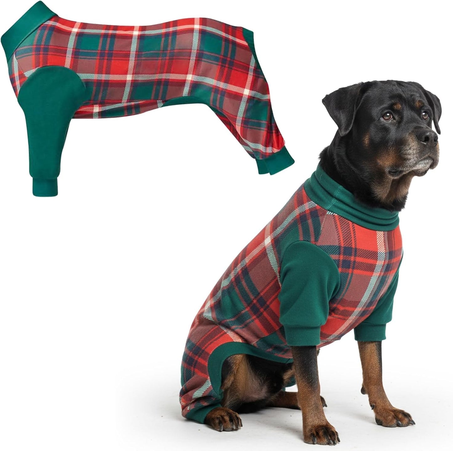 Dog Christmas Pajama, Dog Recovery Suit Male, Onesie, Ultra-Soft and 4-Way Stretch, for Small Medium and Large Breeds - Green and Red Plaid - M