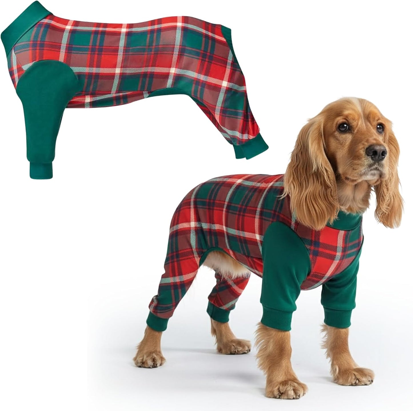 Dog Christmas Pajama, Dog Recovery Suit Male, Onesie, Ultra-Soft and 4-Way Stretch, for Small Medium and Large Breeds - Green and Red Plaid - M