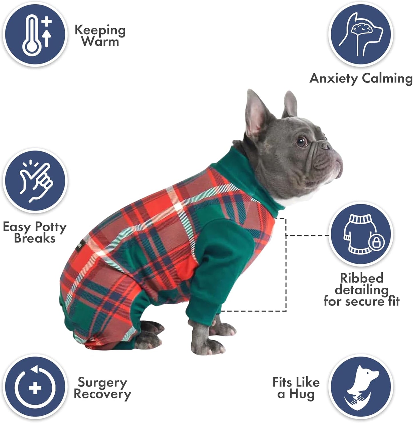 Dog Christmas Pajama, Dog Recovery Suit Male, Onesie, Ultra-Soft and 4-Way Stretch, for Small Medium and Large Breeds - Green and Red Plaid - M