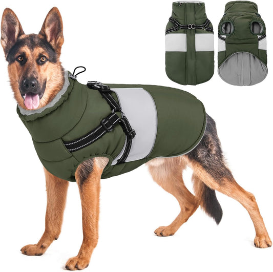 KOESON Dog Winter Coat – Waterproof Fleece Jacket with Built‑In Harness, Reflective & Wind‑Proof Snowsuit – Army Green – Size L – For Schnauzer, Yorkshire, Dachshund