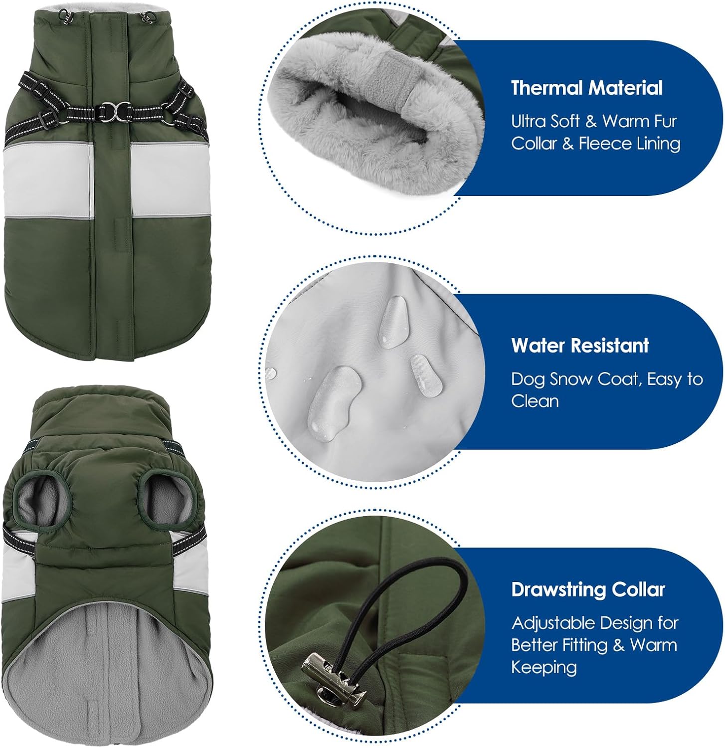 KOESON Dog Winter Coat – Waterproof Fleece Jacket with Built‑In Harness, Reflective & Wind‑Proof Snowsuit – Army Green – Size L – For Schnauzer, Yorkshire, Dachshund