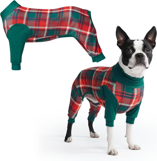 Dog Christmas Pajama, Dog Recovery Suit Male, Onesie, Ultra-Soft and 4-Way Stretch, for Small Medium and Large Breeds - Green and Red Plaid - M